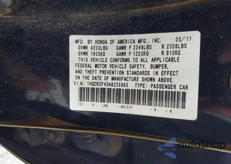 2017 Honda Accord Lx from USA, damaged, VIN 1HGCR2F45HA235865